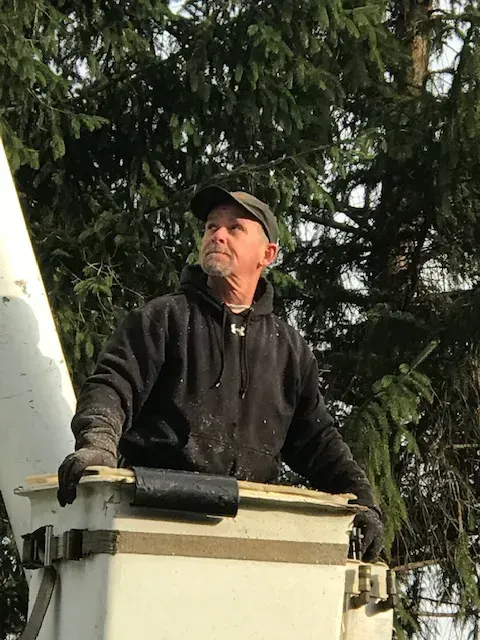 A man in a black hoodie is standing in a bucket looking up at a tree.